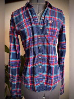 Y2K Vintage Hollister Plaid Button Down Shirt Henley M Red Blue